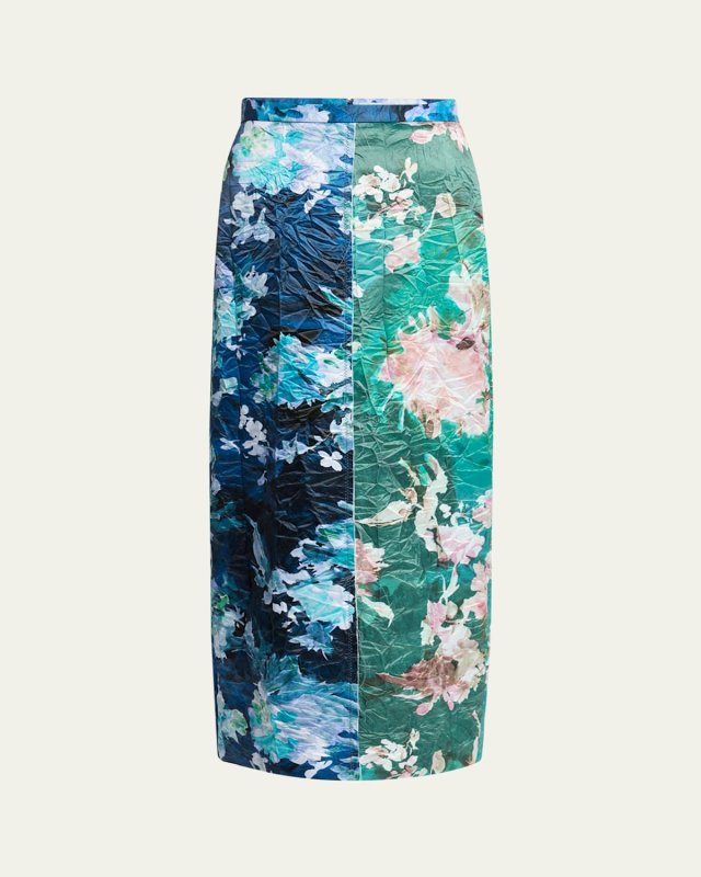 Colorblock Floral Satin Midi Pencil Skirt